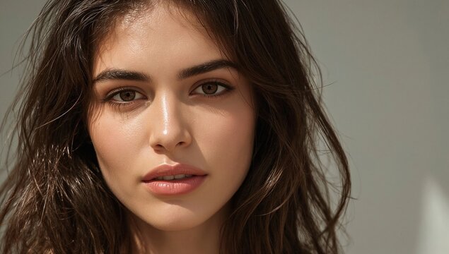 Retrato glamuroso de mujer latina o mediterr&aacute;nea con iluminaci&oacute;n dorada que resalta sus p&oacute;mulos y la hidrataci&oacute;n de sus labios