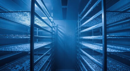 A dark and empty server room with rows of racks, illuminated by blue light, creating a sense of mystery and technological power