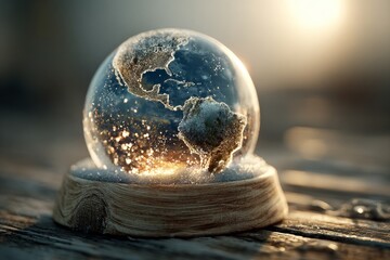 Glass snow globe displaying the earth's continents with sparkling glitter on a wooden surface