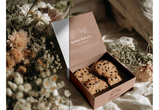 Cookie box mockup with floral decoration