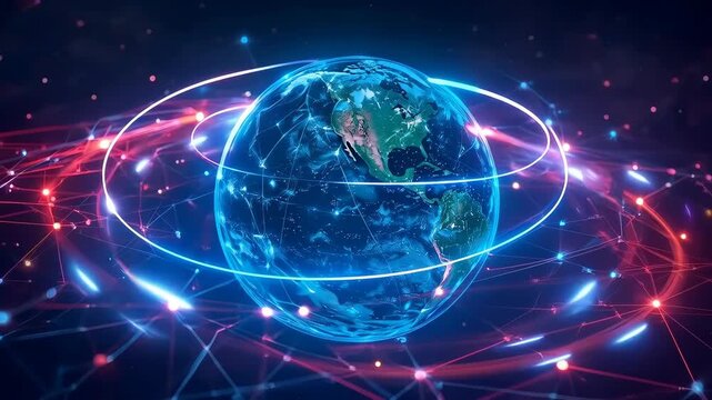 A stunning digital rendering of planet earth, encased in a glowing network, representing the interconnectedness of global technology and communication.