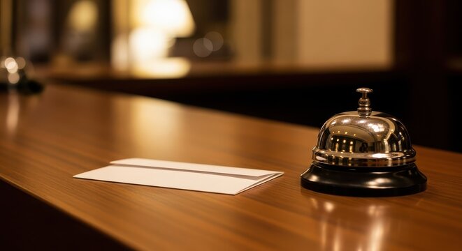A hotel reception bell and a blank card sit on a wooden counter, inviting guests to request service or leave a message