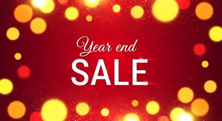 Year end sale text with bokeh lights and red background