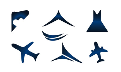 dark blue gradient abstract corporate and airplane vector icon set: modern geometric logos, travel symbols, and futuristic design elements for business branding
