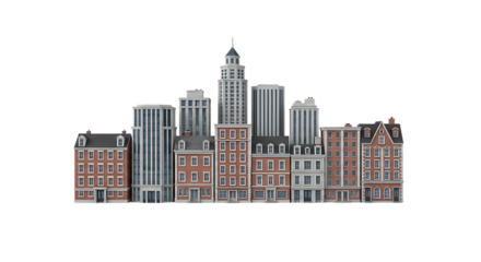 Row of diverse city buildings with varying heights and styles, isolated on white or transparent background. PNG