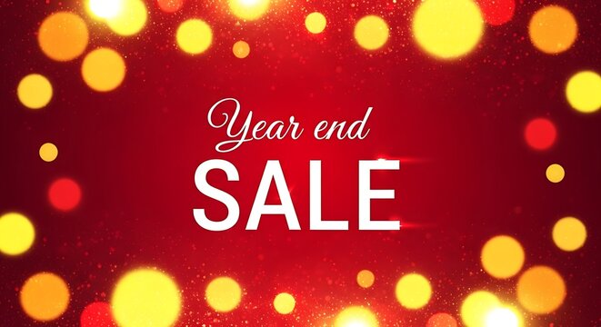 Year end sale text with bokeh lights and red background