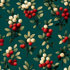 Seamless botanical pattern of red and ivory berries with leafy branches on deep teal. Vintage hand-drawn look, elegant holiday background for wallpaper, fabric, wrapping, and branding.