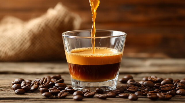 Hyperrealistic espresso shot pours into a glass cup, capturing rich crema, swirling dark coffee, and the sensory allure of a fresh, aromatic coffee experience.