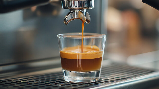 Hyperrealistic espresso shot pours into a glass cup, capturing rich crema, swirling dark coffee, and the sensory allure of a fresh, aromatic coffee experience.