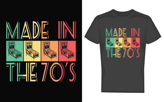 Retro made in the 70s pinball machine graphic with a distinctive silhouette style ideal for nostalgic designs and vintage themes