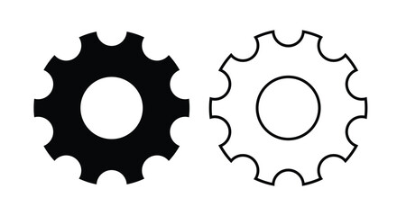 Solid and outline gear (cogwheel) icons side by side on a white background. This vector symbol represents settings, maintenance, mechanical system, process, configuration, engineering, technical tools