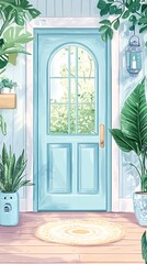 The warm entrance of blue doors and green plants