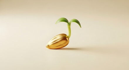 Golden seed sprouting with green leaves symbolizing growth and potential on a beige background