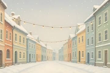 Pastel European town street in winter snowfall blankets colorful facades. Warm string lights over a quiet snowy lane. Cozy holiday cityscape illustration.