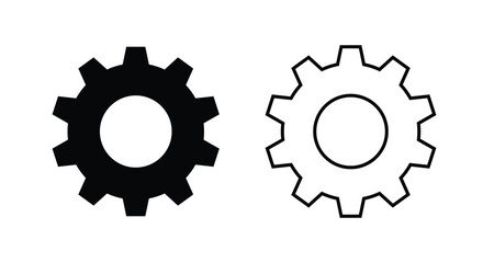 Solid and outline gear (cogwheel) icons side by side on a white background. This vector symbol represents settings, maintenance, mechanical system, process, configuration, engineering, technical tools