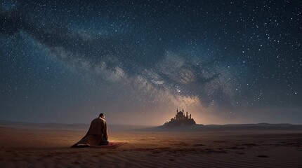 Man prays alone at night in the desert under a starry sky celebrating Isra Miraj