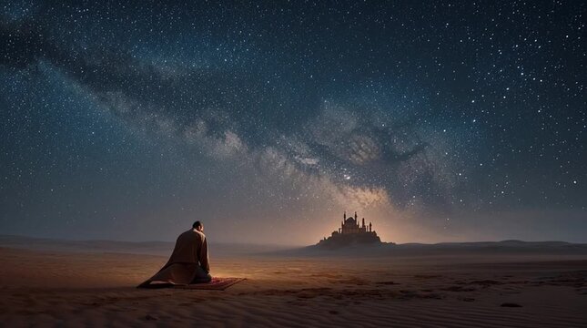 Man prays alone at night in the desert under a starry sky celebrating Isra Miraj