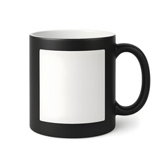 Black ceramic mug with white interior and blank rectangular print area, isolated on white clean product mockup for branding, logo placement, and custom design.