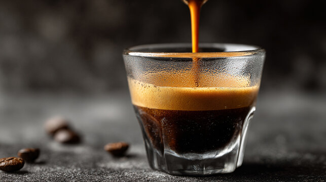 Hyperrealistic espresso shot pours into a glass cup, capturing rich crema, swirling dark coffee, and the sensory allure of a fresh, aromatic coffee experience.