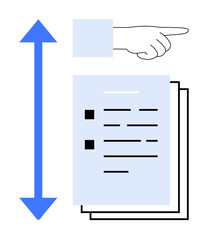 Hand gestures toward stacked documents with horizontal text lines and a vertical blue arrow. Ideal for navigation, direction, selection, decision-making, file organization, workflow, simple flat