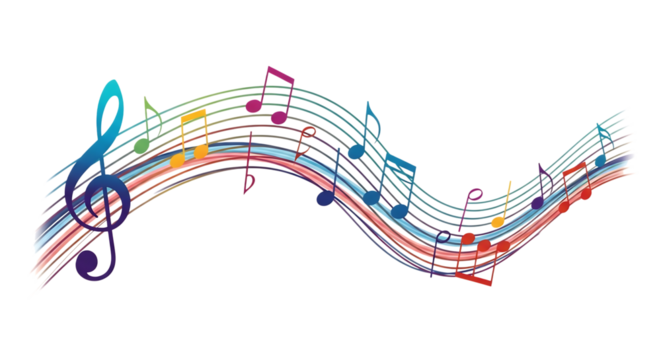 Colorful musical notes and treble clef on flowing staff lines, isolated on white or transparent background. PNG