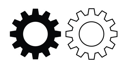 Solid and outline gear (cogwheel) icons side by side on a white background. This vector symbol represents settings, maintenance, mechanical system, process, configuration, engineering, technical tools