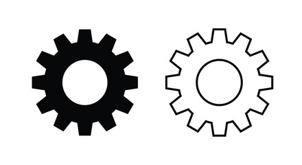Solid and outline gear (cogwheel) icons side by side on a white background. This vector symbol represents settings, maintenance, mechanical system, process, configuration, engineering, technical tools