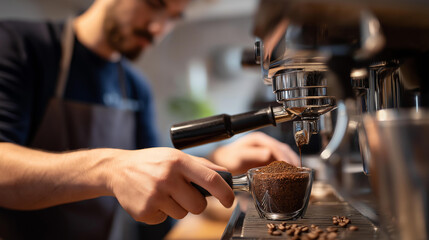 Barista student's hands operating espresso machine coffee grounds and portafilter visible coffee school equipment and instructor defocused behind professional coffee training