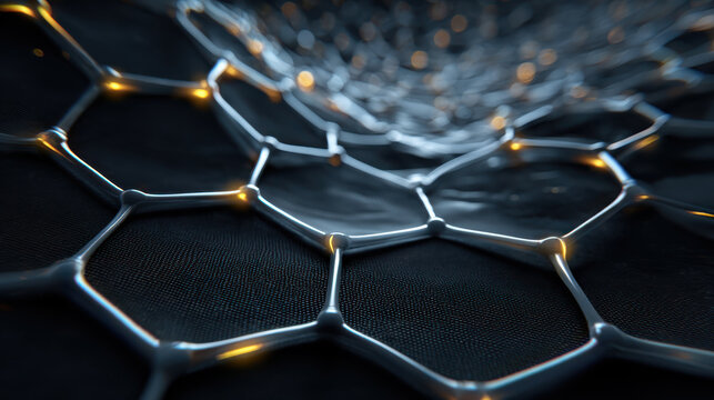 Glowing lattice graphene hexagon pattern metallic network nanotechnology futuristic science energy dark texture. Glowing lattice graphene hexagon