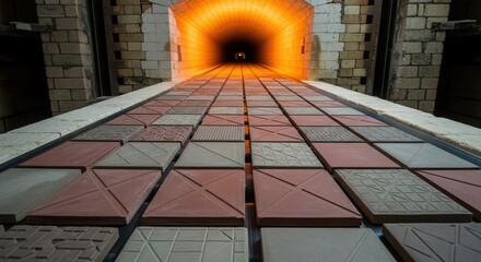 Ceramic tiles are placed in a long oven for firing, with the bright orange glow of the heat visible in the background