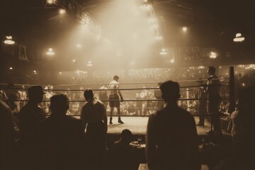 Fighters in a boxing ring with a large crowd watching, capturing a vintage sporting event