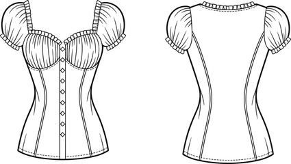 Women’s fitted blouse fashion sketch, puff sleeve top with sweetheart neckline, front and back technical view, garment construction vector illustration