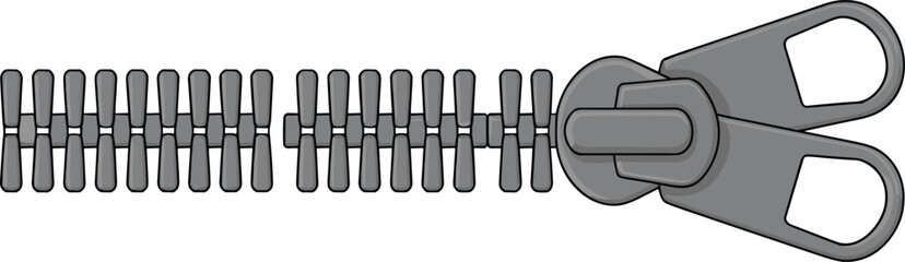 Zipper vector illustration, horizontal orientation, slider with dual pull tabs, interlocked and separated teeth, garment fastening sketch, fashion hardware detail