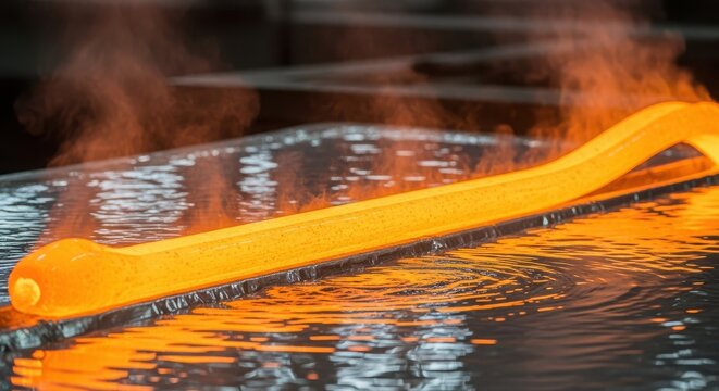 Close up of hot glass being cooled in water after being shaped by a glassblower in a glass factory workshop studio
