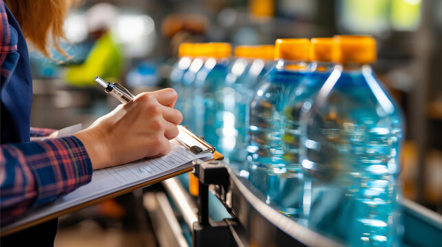 Female factory worker's hands writing inspection notes on clipboard beside bottled water production line quality control stamp visible conveyor belt with bottles moving