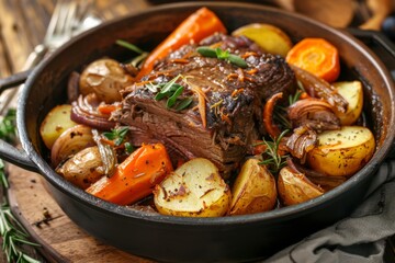 Delicious roast beef with vegetables in a pot