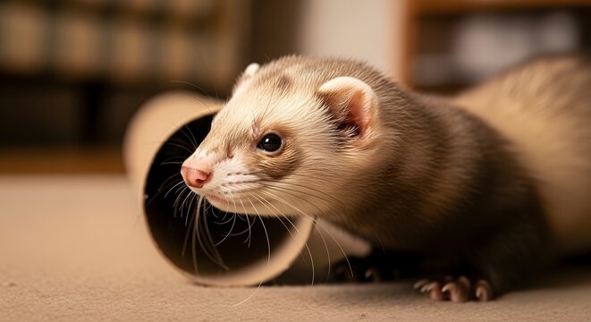 Cute playful ferret peeking out of cardboard tube tunnel pet animal mustelid curious adorable furry domestic small