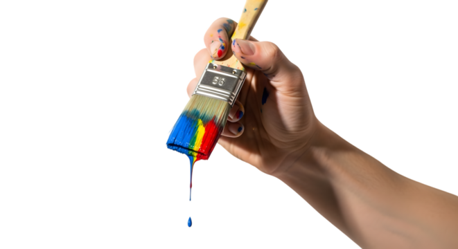 Hand Holding Paintbrush Dripping Blue, Red, and Yellow Paint