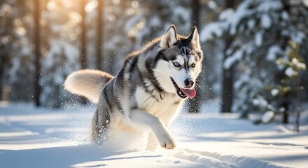 Playful Siberian Husky dog runs joyfully through fresh winter snow outdoors happy energetic breed majestic heterochromia