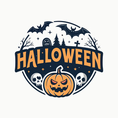 Halloween vector art of an eerie halloween scene with a large, menacing pumpkin in the foreground, surrounded by bats flying against a full moon, creating a spooky and festive atmosphere