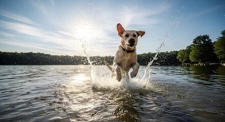 Energetic yellow Labrador dog running splashing through water happy summer fun Pet Puppy Canine Playful Wet Outdoor Lake Summer Joy Happiness