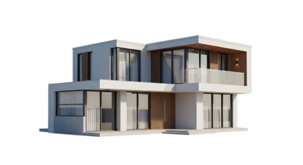 Modern two story white house with wood accents and large windows, isolated on white or transparent background. PNG