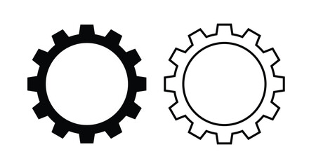 Solid and outline gear (cogwheel) icons side by side on a white background. This vector symbol represents settings, maintenance, mechanical system, process, configuration, engineering, technical tools