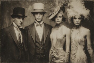 Group portrait of stylish men and elegant flapper women recreating the roaring twenties era