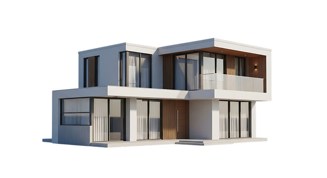 Modern two story white house with wood accents and large windows, isolated on white or transparent background. PNG