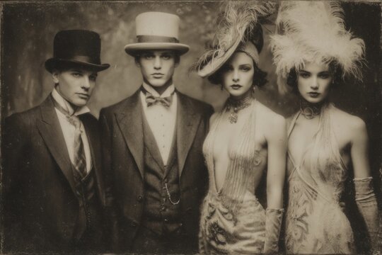 Group portrait of stylish men and elegant flapper women recreating the roaring twenties era