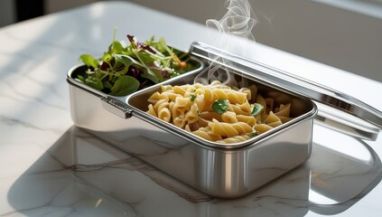 Stainless steel lunch box with pasta and salad on marble table top