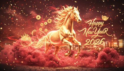 Obraz premium A golden horse gallops through a vibrant background, celebrating the arrival of the New Year 2026 with festive decorations and a joyful atmosphere.