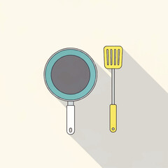 A modern flat design vector illustration of essential kitchen utensils, a non-stick frying pan and a yellow spatula, with a stylish long shadow effect