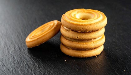 "Stack of three golden-brown butter cookies with swirled tops on dark textured surface."